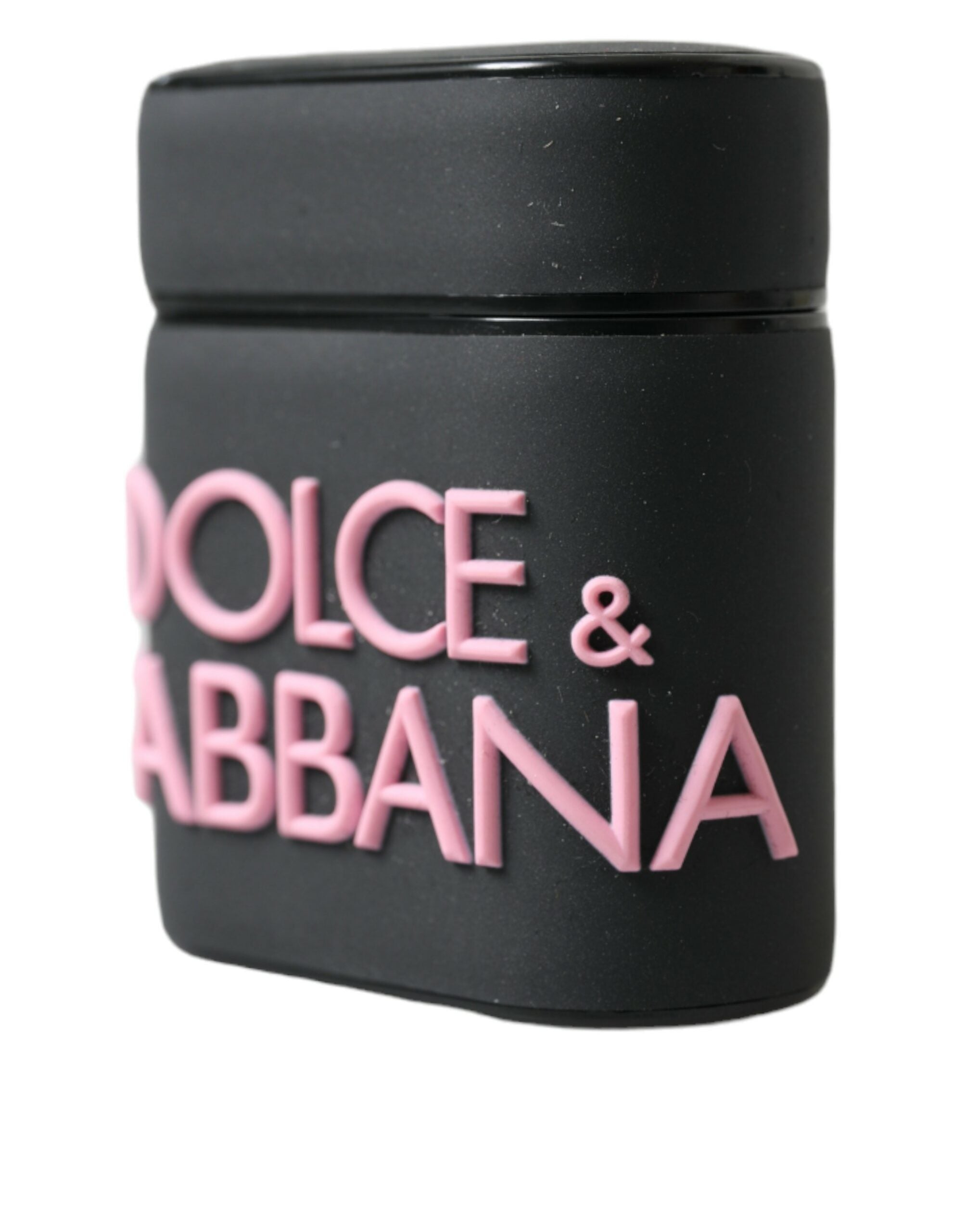Black silicone AirPods case with embossed Dolce & Gabbana logo and pink accents, designed to protect and personalize your AirPods.