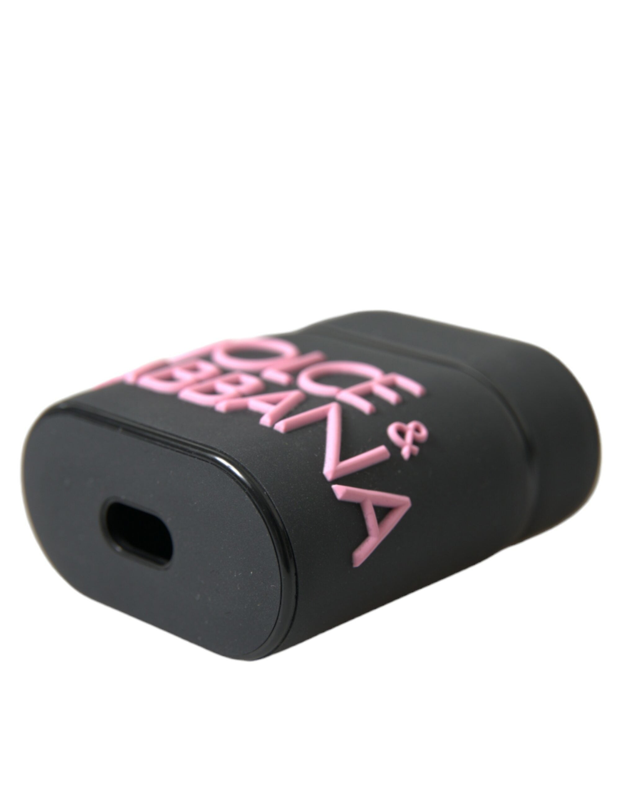 Dolce & Gabbana black silicone AirPods case with embossed pink logo design, protective and stylish accessory.