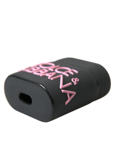 Dolce & Gabbana black silicone AirPods case with embossed pink logo design, protective and stylish accessory.