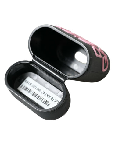 Black silicone AirPods case with embossed Dolce & Gabbana logo and pink accents, designed for protection and style.