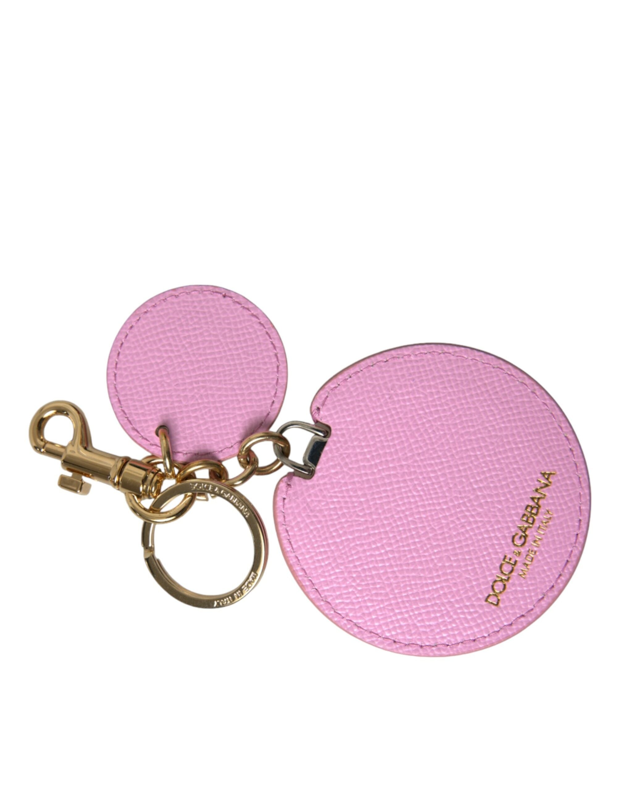 Pink calf leather Dolce & Gabbana keyring with gold metal logo print and attached keychain.