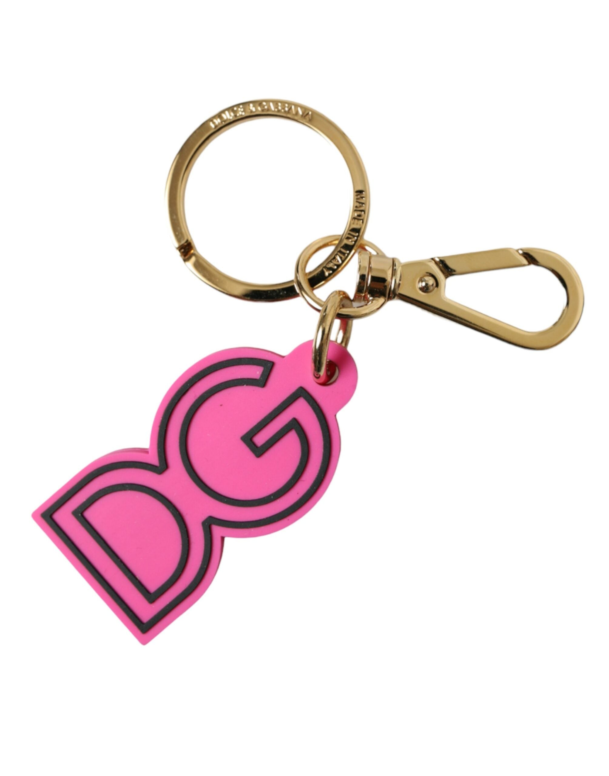 Pink rubber and gold-tone metal Dolce & Gabbana logo keyring with a stylish keychain design.