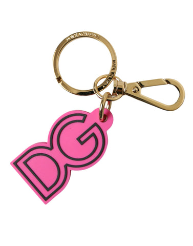 Pink rubber and gold-tone metal Dolce & Gabbana logo keyring with a stylish keychain design.