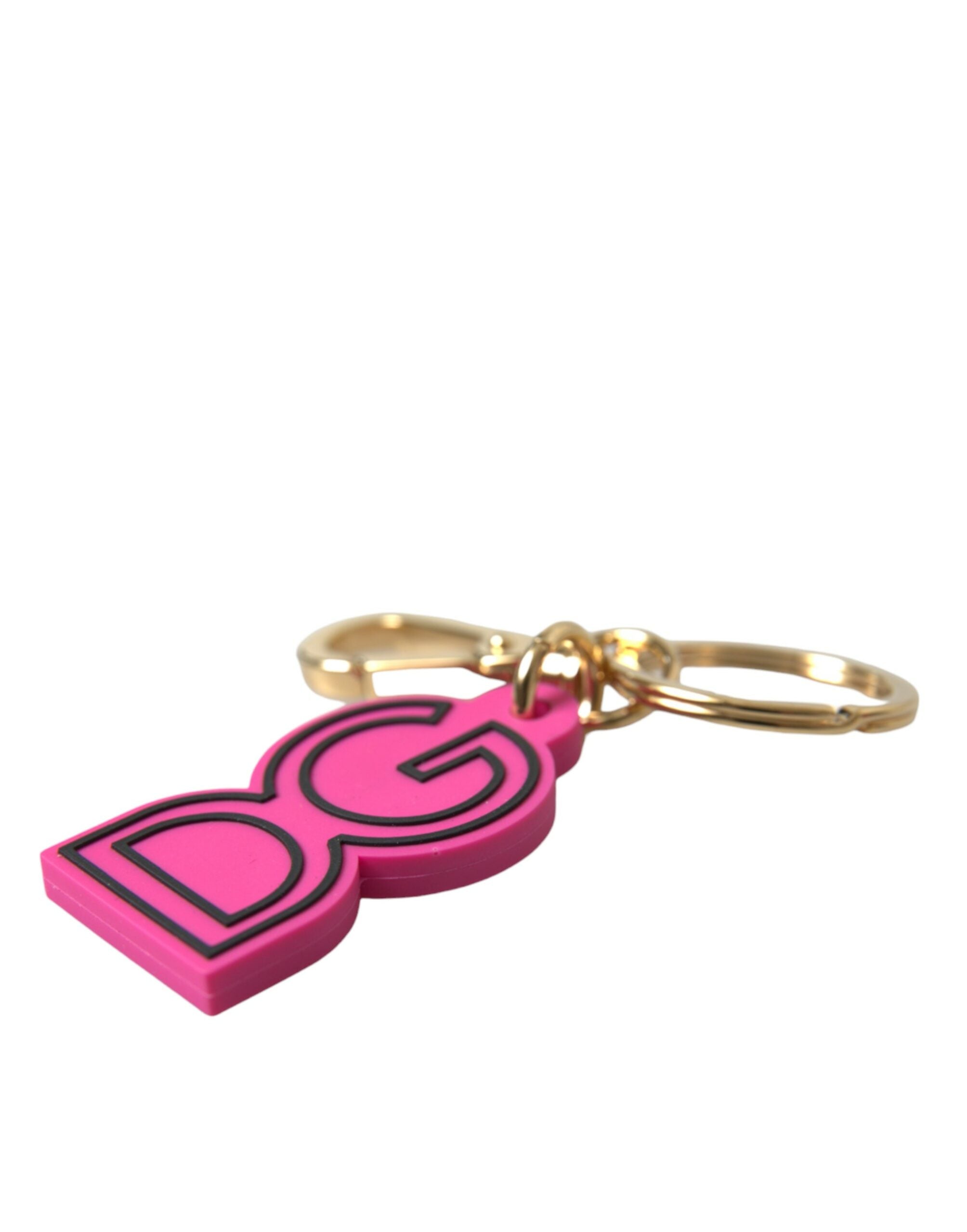 Pink rubber and gold tone metal Dolce & Gabbana logo keyring with a stylish keychain design.
