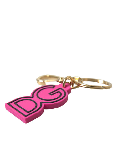 Pink rubber and gold tone metal Dolce & Gabbana logo keyring with a stylish keychain design.
