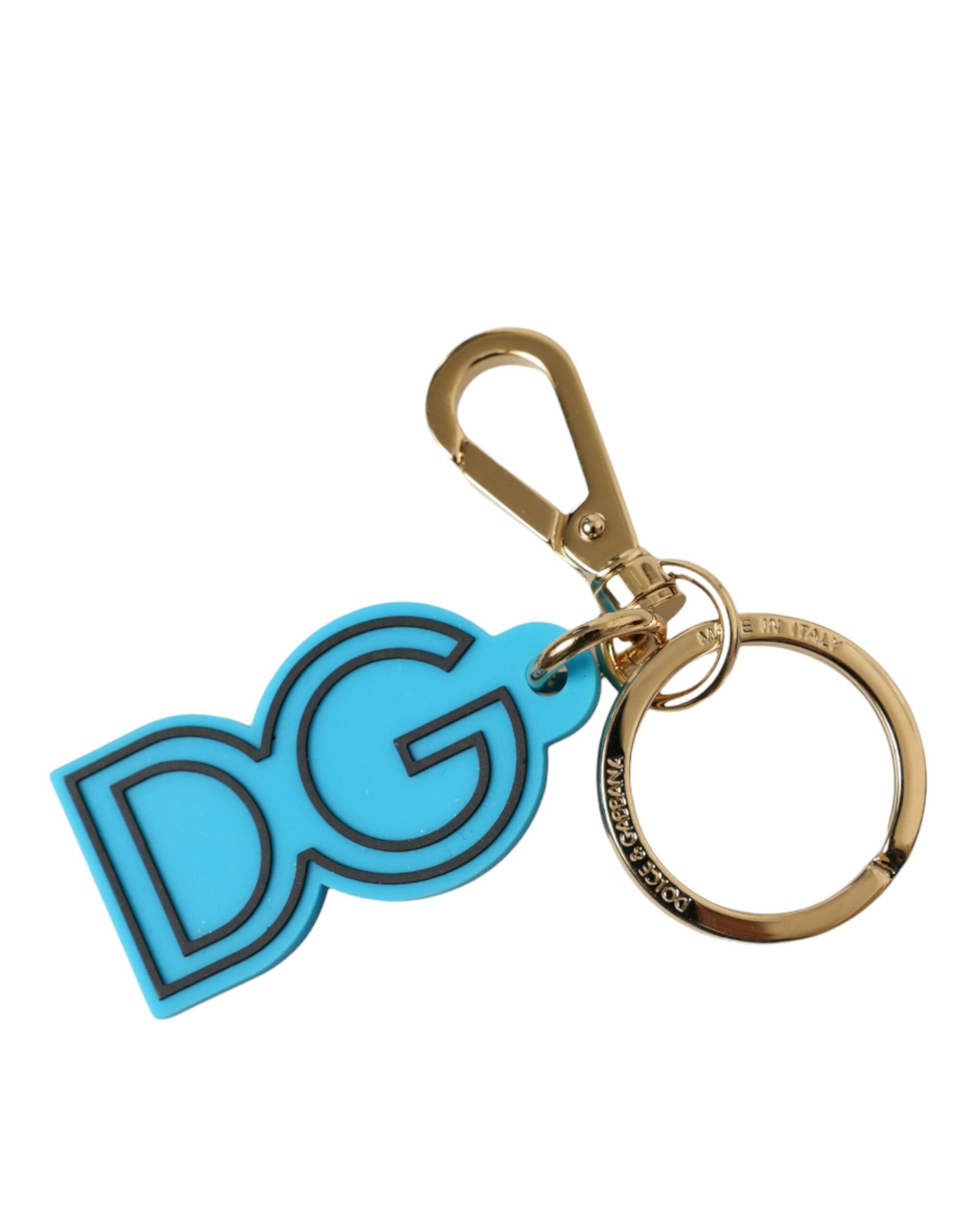 Blue rubber Dolce & Gabbana keyring with gold-tone metal DG logo and keychain attachment, stylish accessory.