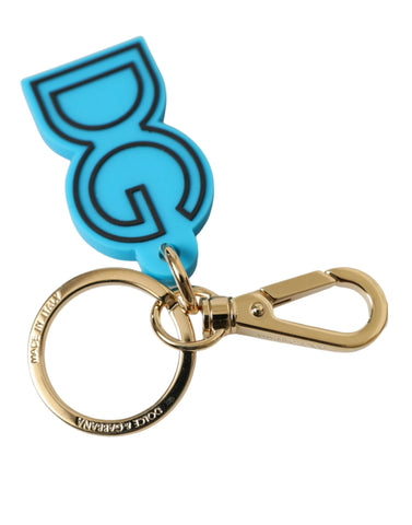 Blue rubber Dolce & Gabbana keyring with gold-tone metal DG logo and keychain attachment.