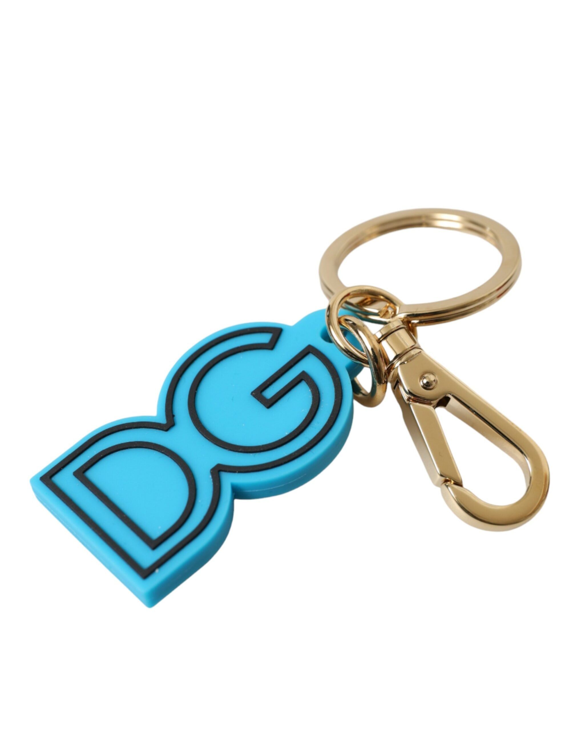 Blue rubber Dolce & Gabbana keyring with gold-tone metal DG logo, featuring a stylish and durable keychain design.