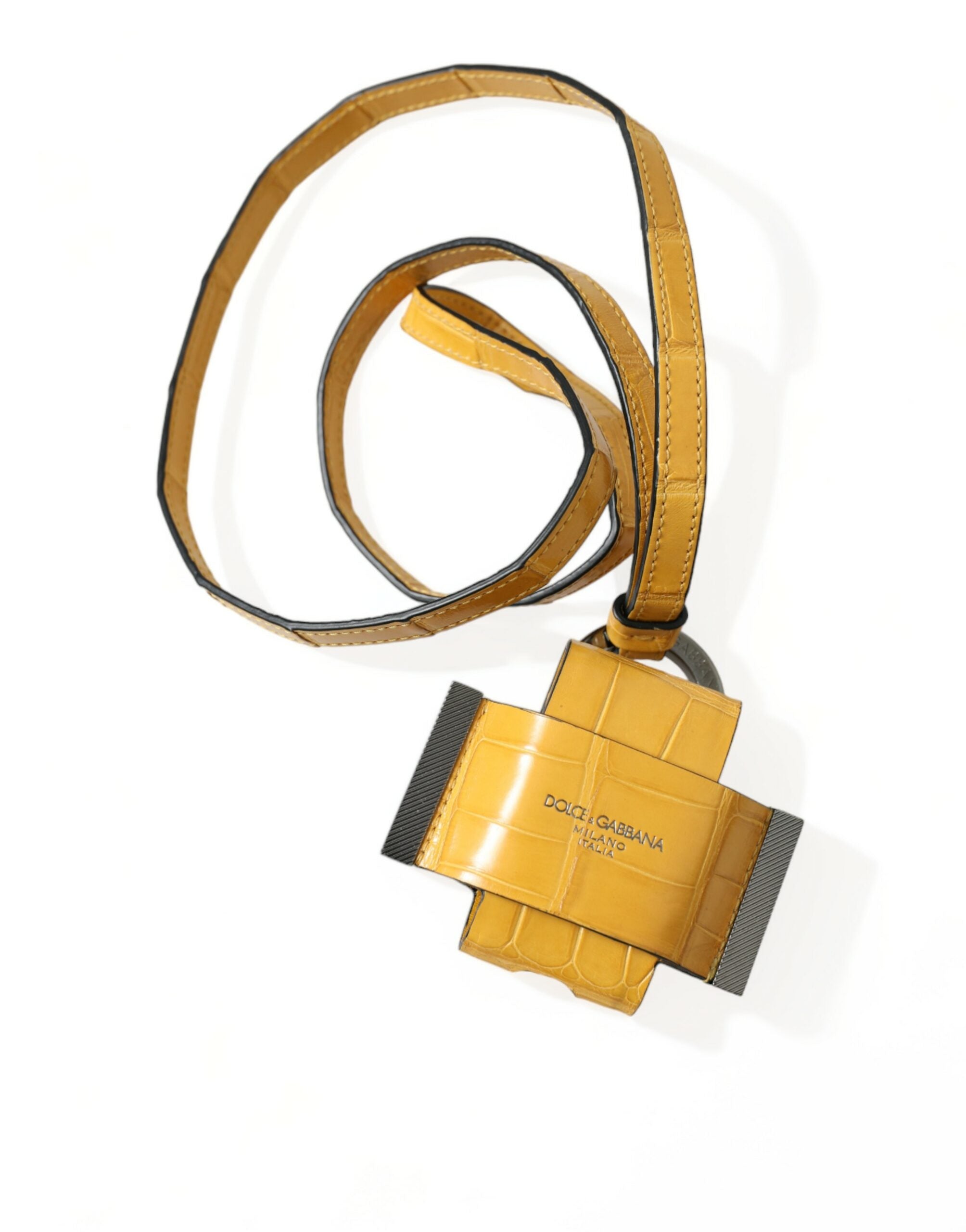 Yellow crocodile leather logo print lanyard keychain by Dolce & Gabbana, featuring a textured crocodile pattern and brand logo detail.