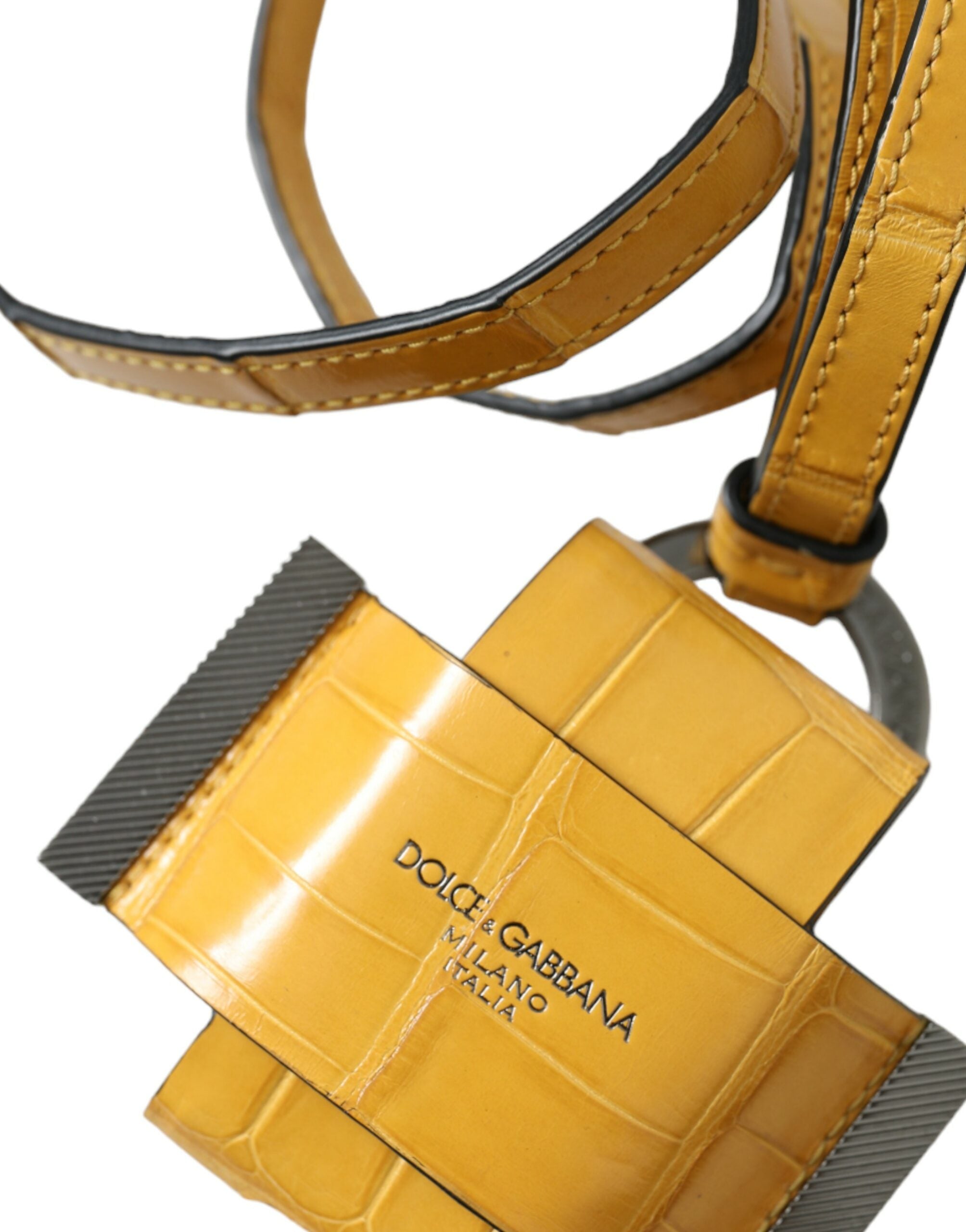 Yellow crocodile leather Dolce & Gabbana logo print lanyard keychain with gold-tone hardware and embossed branding.