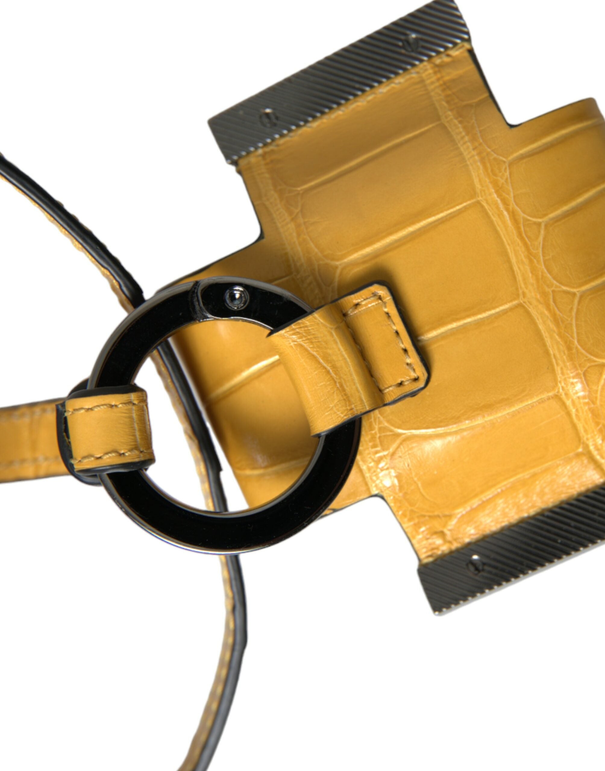 Yellow crocodile leather logo print Dolce & Gabbana lanyard keychain with embossed branding and durable metal clip.