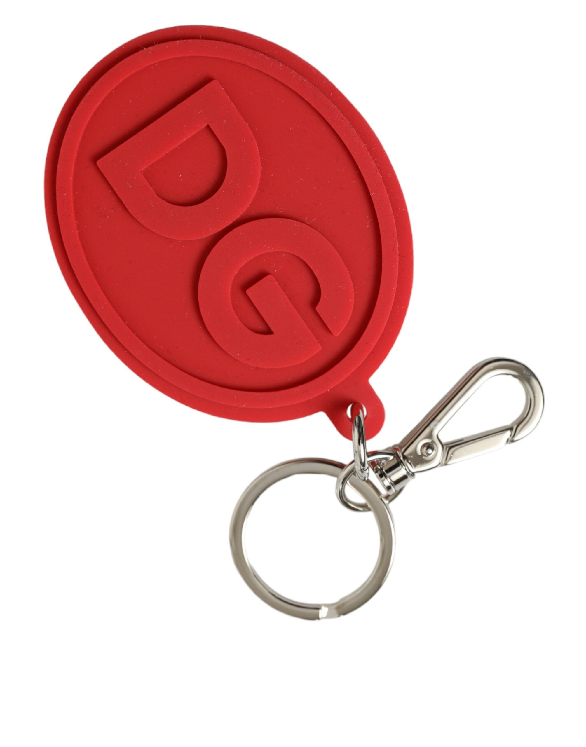 Red rubber Dolce & Gabbana keyring with silver brass metal DG logo, featuring a sleek and stylish keychain design.