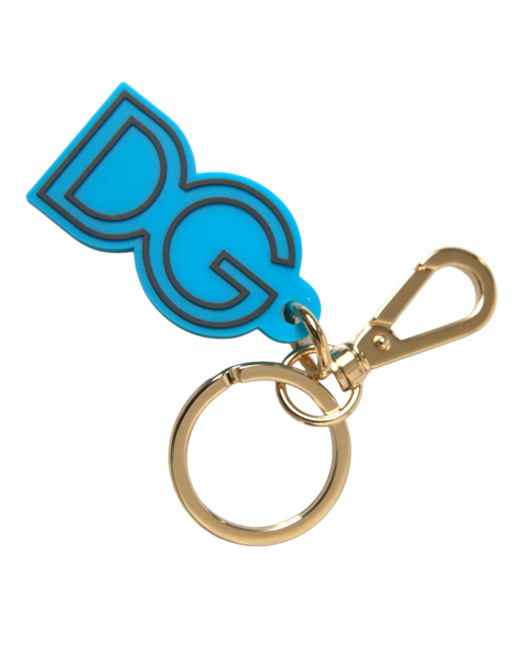 Blue rubber Dolce & Gabbana keyring with gold-tone metal DG logo and keychain attachment.