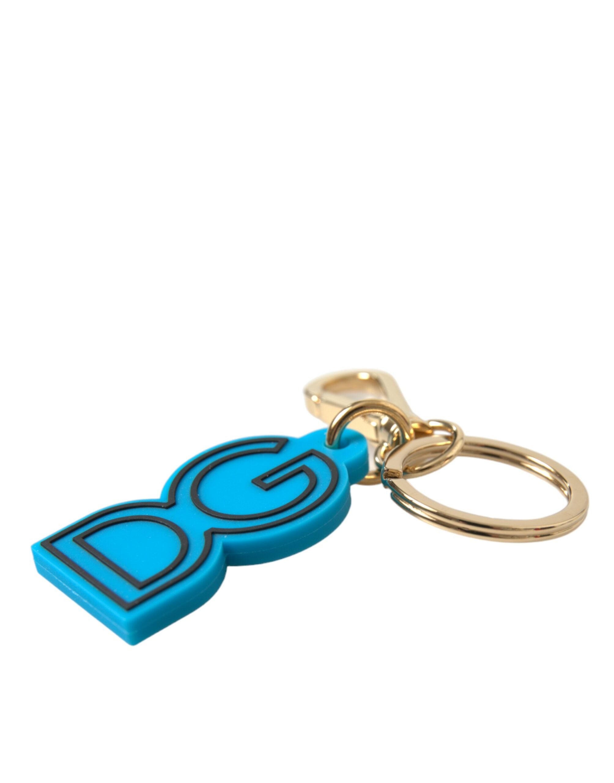 Blue rubber keyring with gold tone metal Dolce & Gabbana DG logo, attached to a keychain.