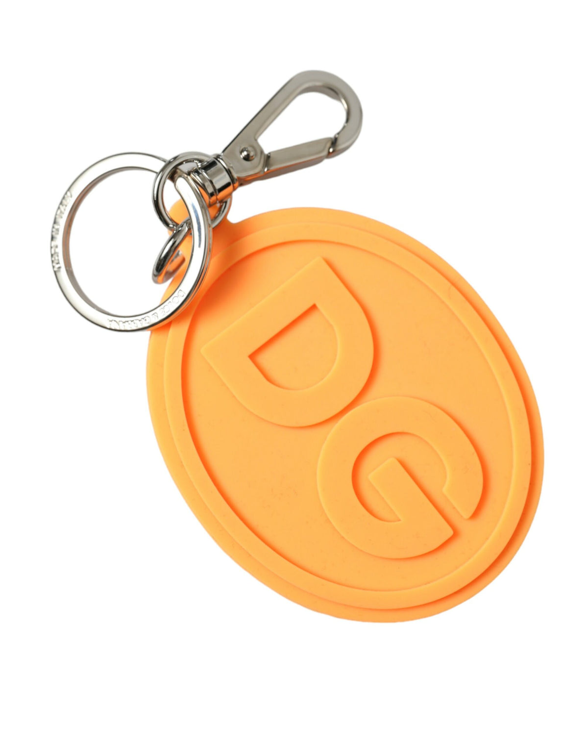 Orange rubber Dolce & Gabbana logo keyring with silver brass metal keychain, featuring a bold DG emblem and vibrant design.