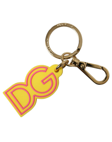 Yellow rubber and gold tone metal Dolce & Gabbana logo keyring with keychain attachment.