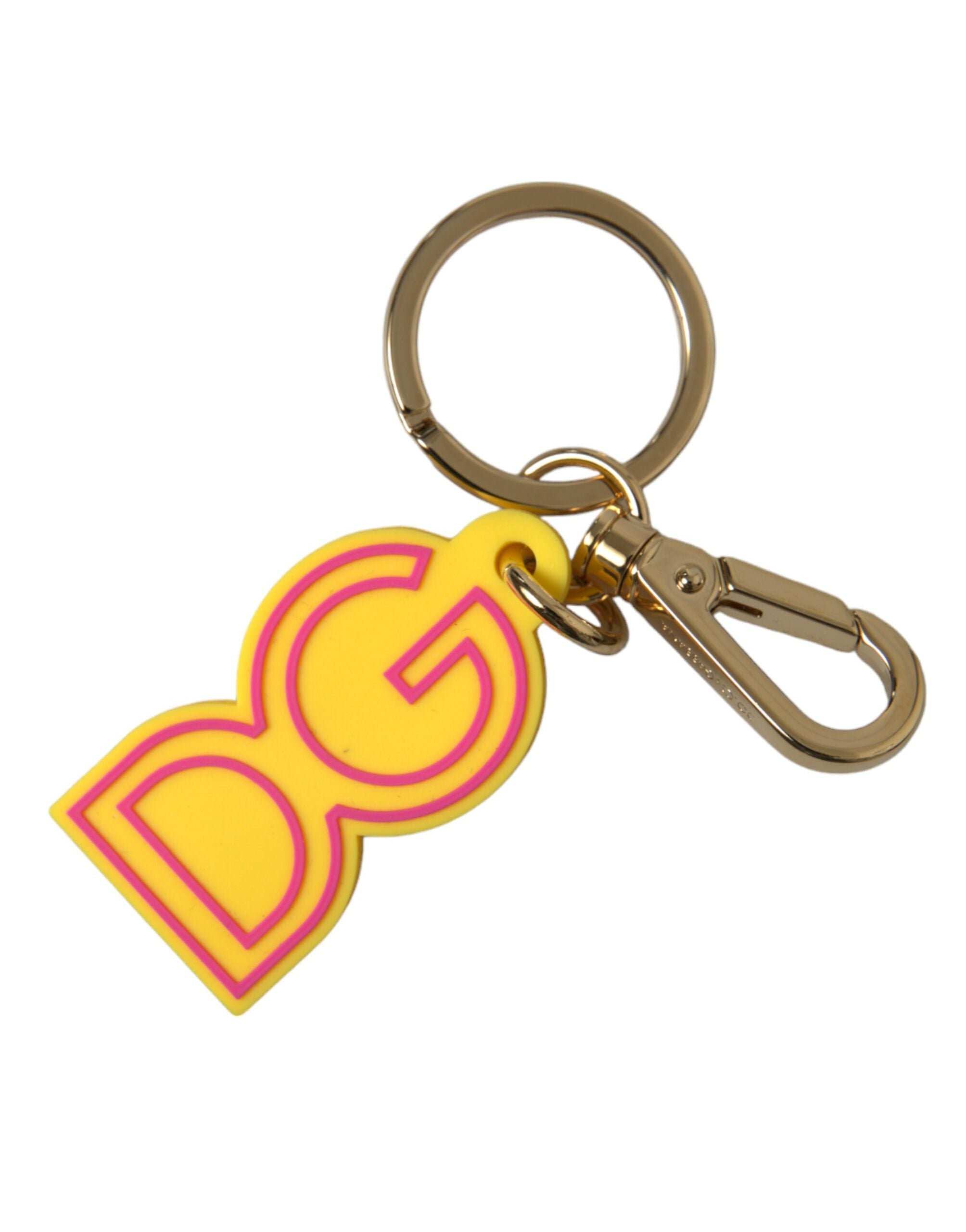 Yellow rubber and gold-tone metal Dolce & Gabbana logo keyring with a branded keychain for accessories.