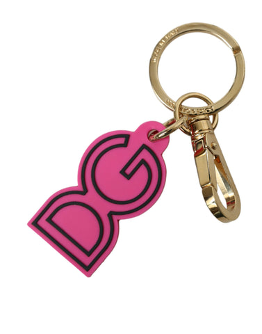 Pink rubber Dolce & Gabbana gold-tone metal DG logo keyring with branded keychain design.