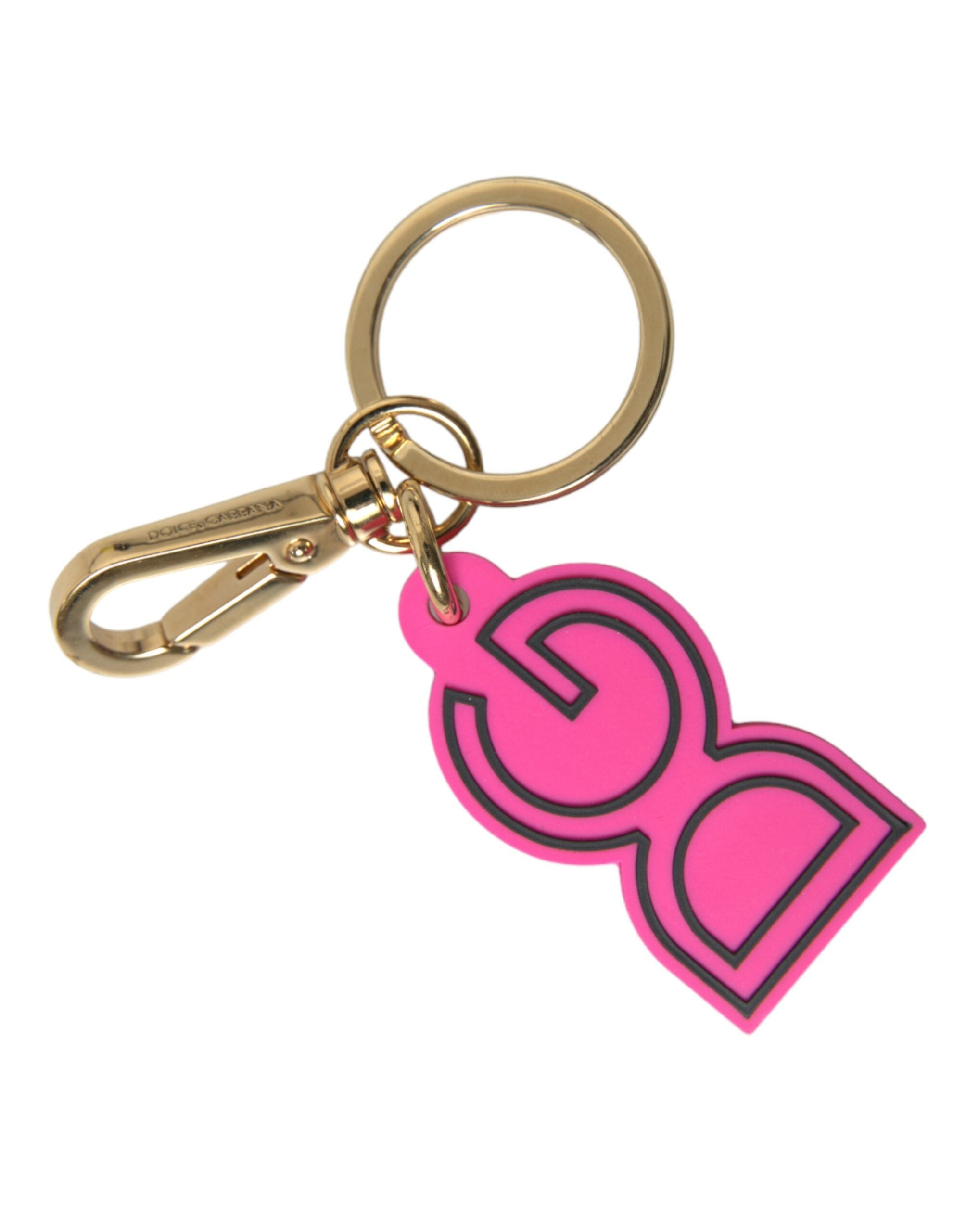 Pink rubber and gold tone metal Dolce & Gabbana logo keyring with D&G branding and keychain attachment.