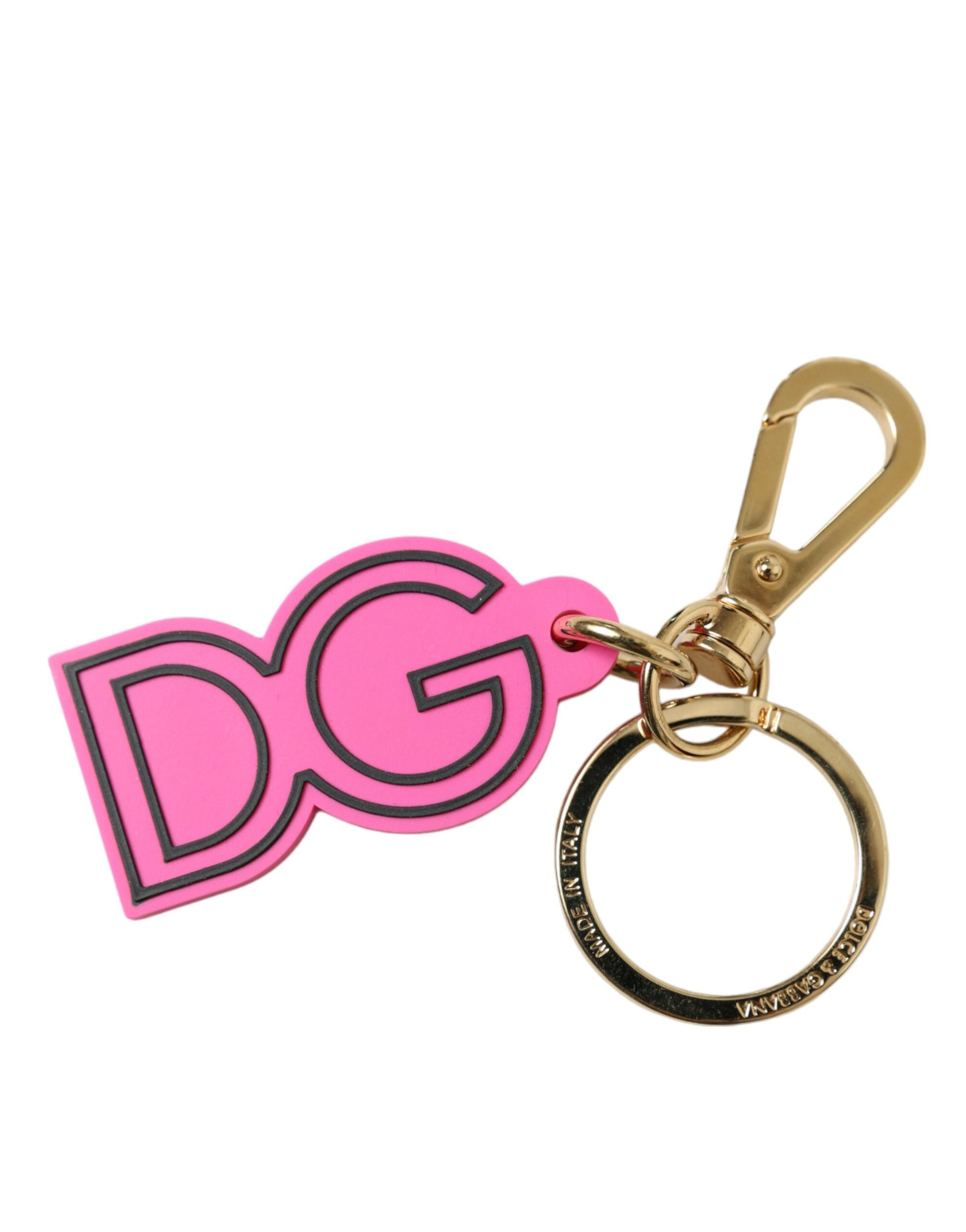 Pink rubber Dolce & Gabbana metal keyring with gold-tone DG logo, featuring a stylish and recognizable designer keychain.