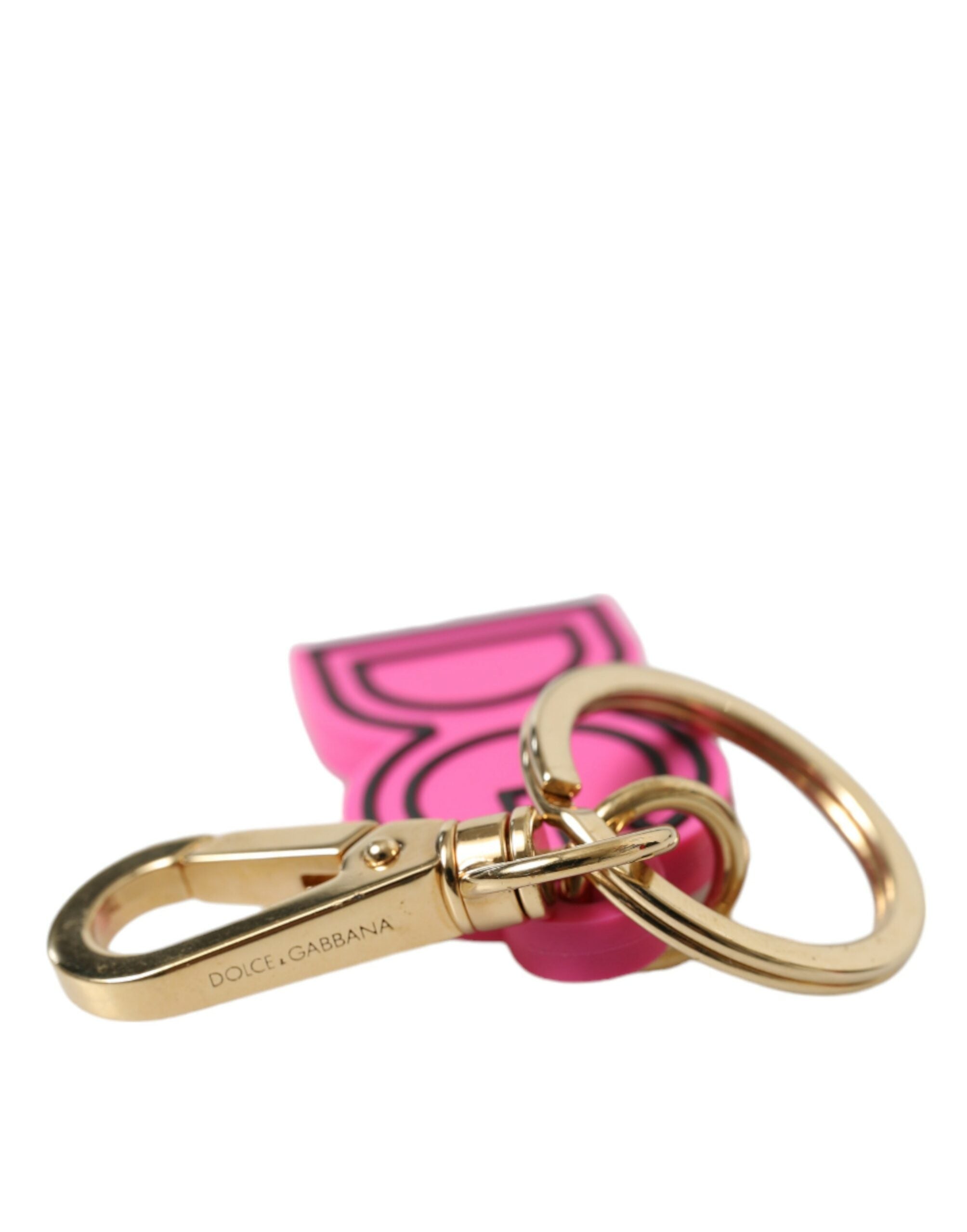 Pink rubber and gold-tone metal Dolce & Gabbana logo keyring with a stylish keychain design.