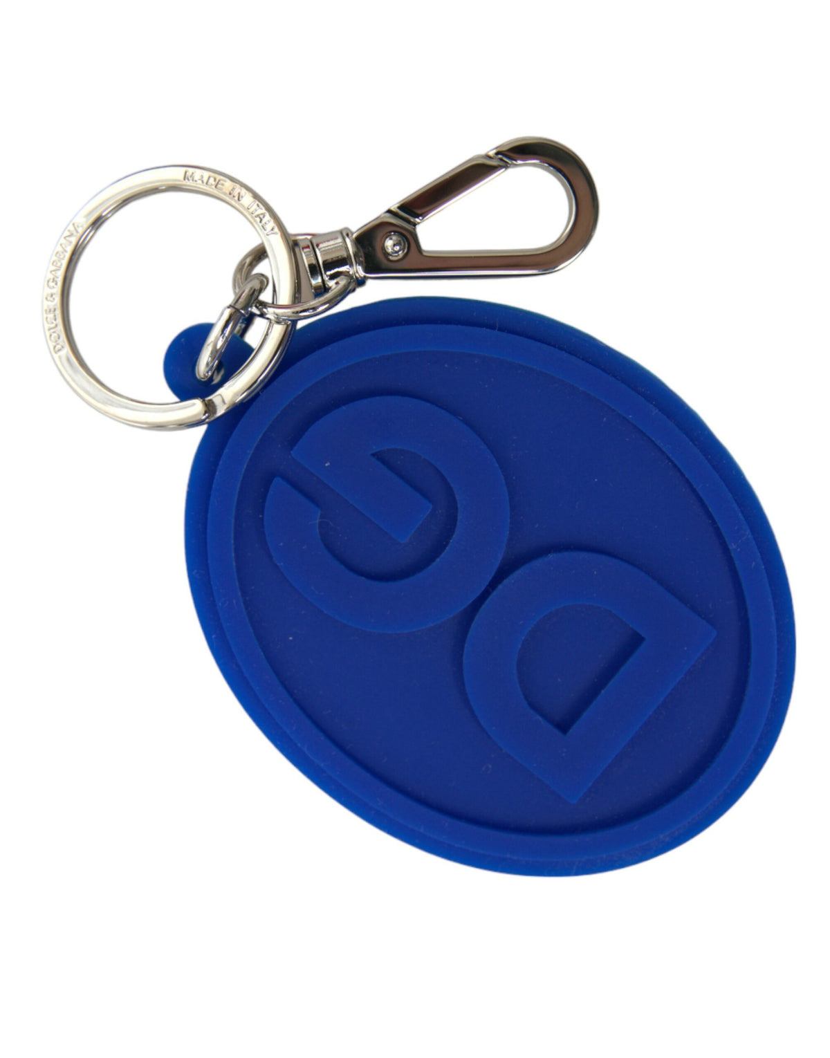 Blue rubber Dolce & Gabbana keyring with silver brass DG logo, featuring a durable metal keychain with branded design.