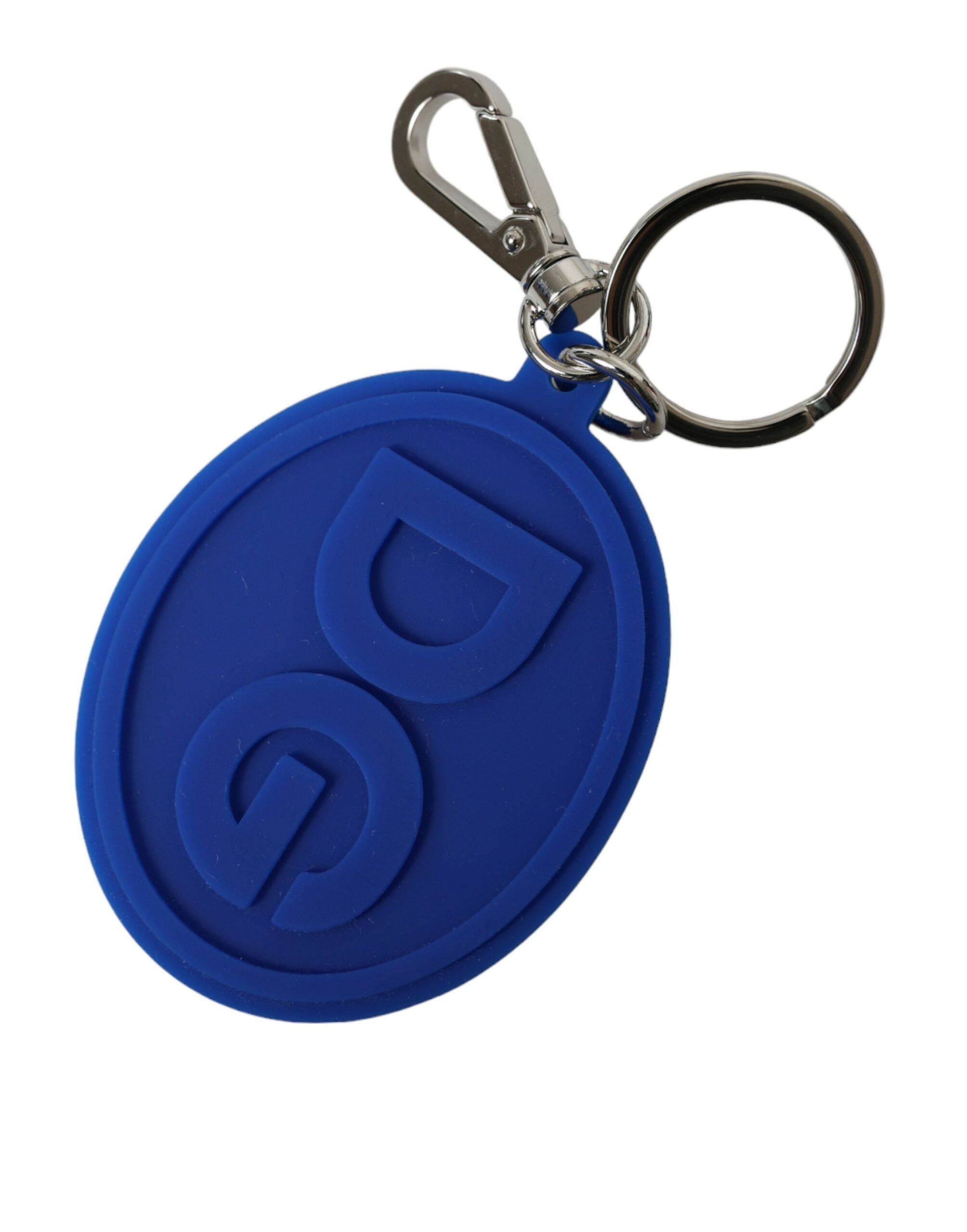 Blue rubber Dolce & Gabbana keyring with silver brass DG logo and metal keychain attachment.