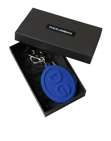 Blue rubber Dolce & Gabbana keyring with silver brass DG logo, featuring a metal keychain attachment.