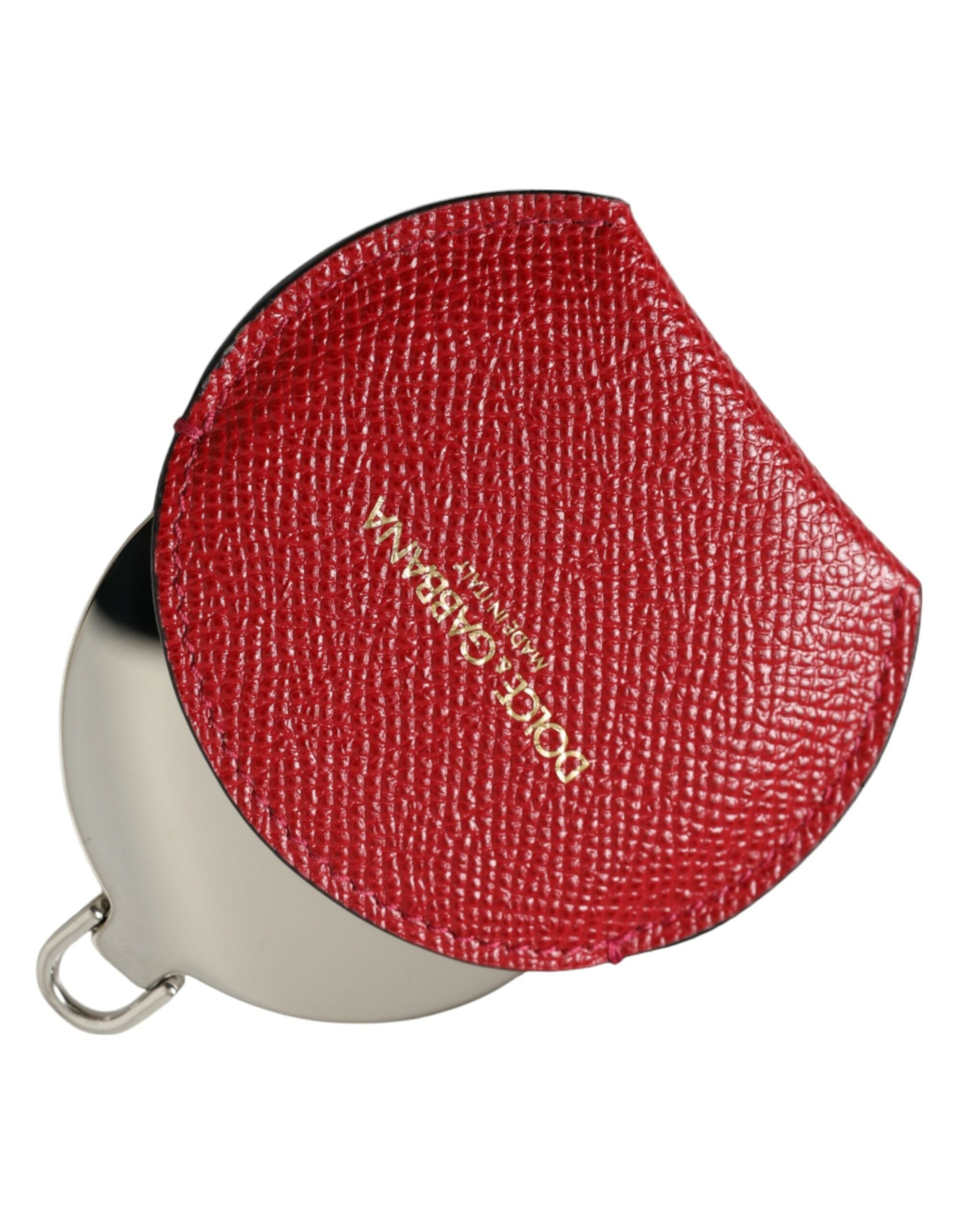 Red calfskin leather Dolce & Gabbana round logo hand mirror holder with sleek design and gold-tone logo detail.