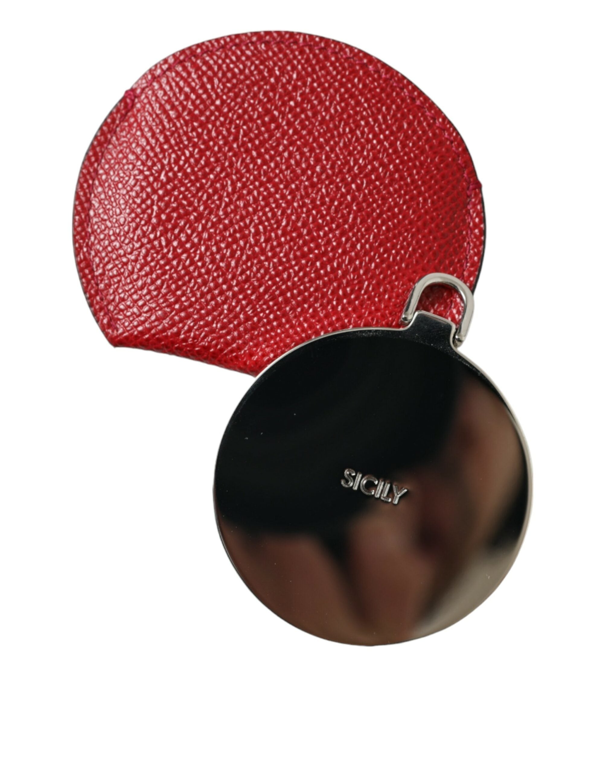 Red calfskin leather round logo hand mirror holder by Dolce & Gabbana with sleek design and embossed logo detail.
