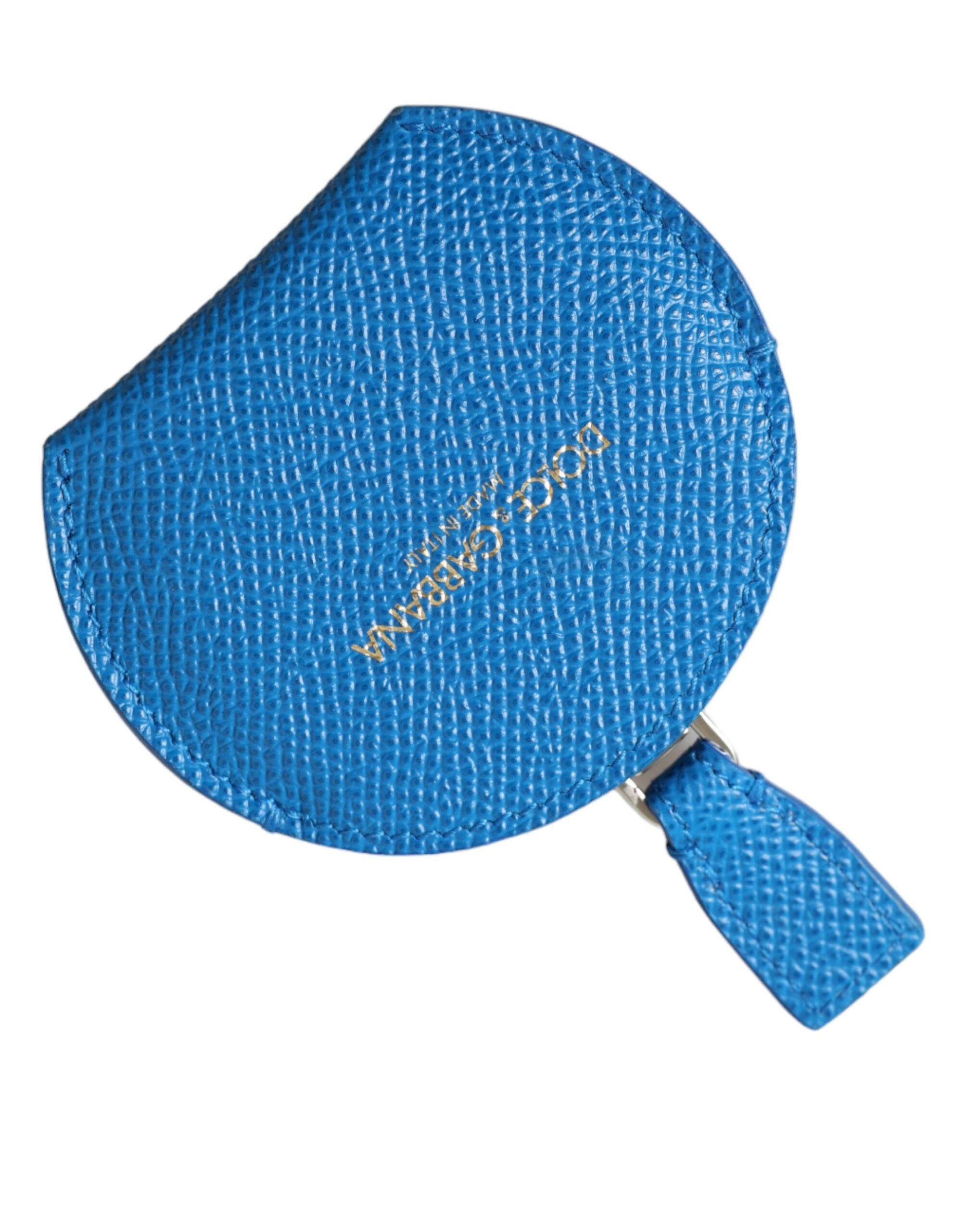 Blue calfskin leather Dolce & Gabbana round logo hand mirror holder with sleek design and embossed brand logo.