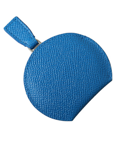 Blue calfskin leather Dolce & Gabbana round logo hand mirror holder with sleek design and gold-tone logo detail.