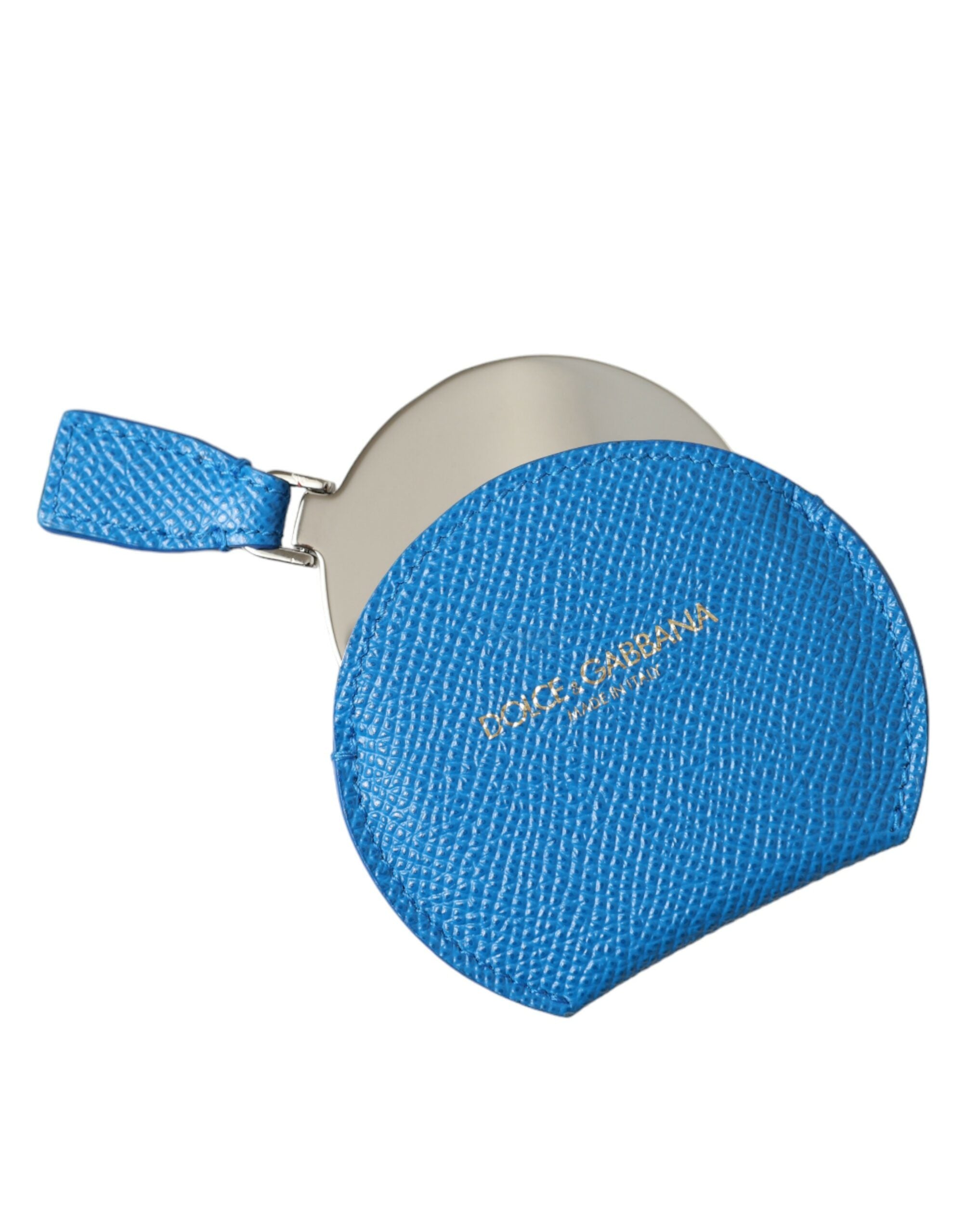 Blue calfskin leather Dolce & Gabbana round logo hand mirror holder with sleek design and embossed logo.