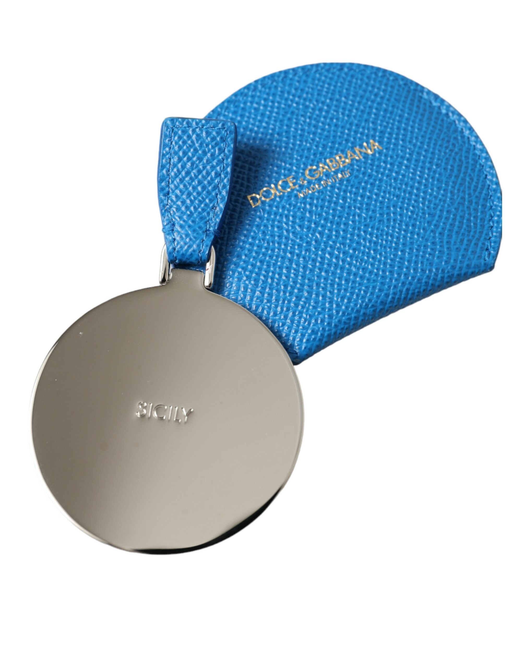 Blue calfskin leather round logo hand mirror holder by Dolce & Gabbana, featuring smooth leather and subtle brand logo.