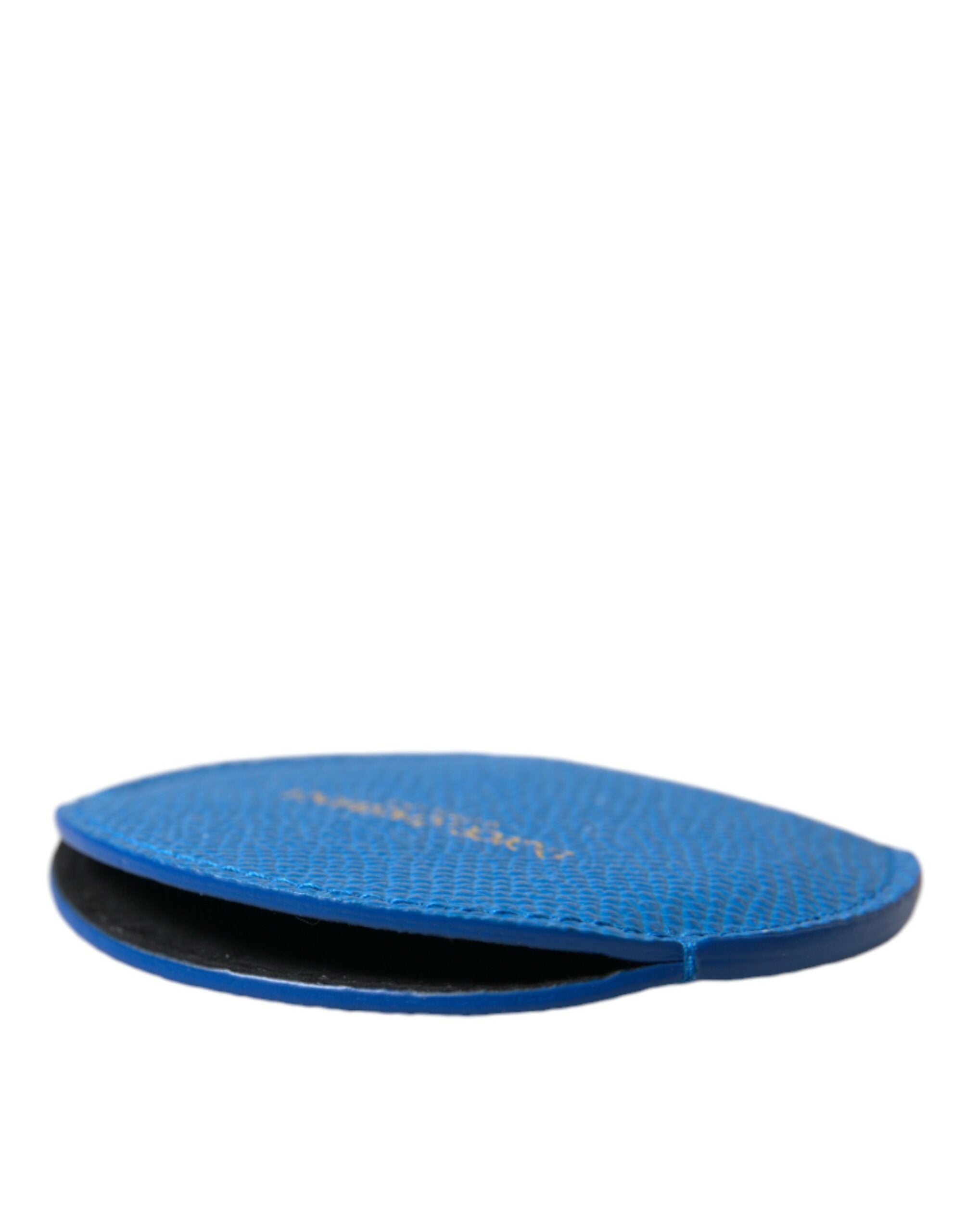 Blue calfskin leather Dolce & Gabbana round logo hand mirror holder with sleek design and detailed logo accent.