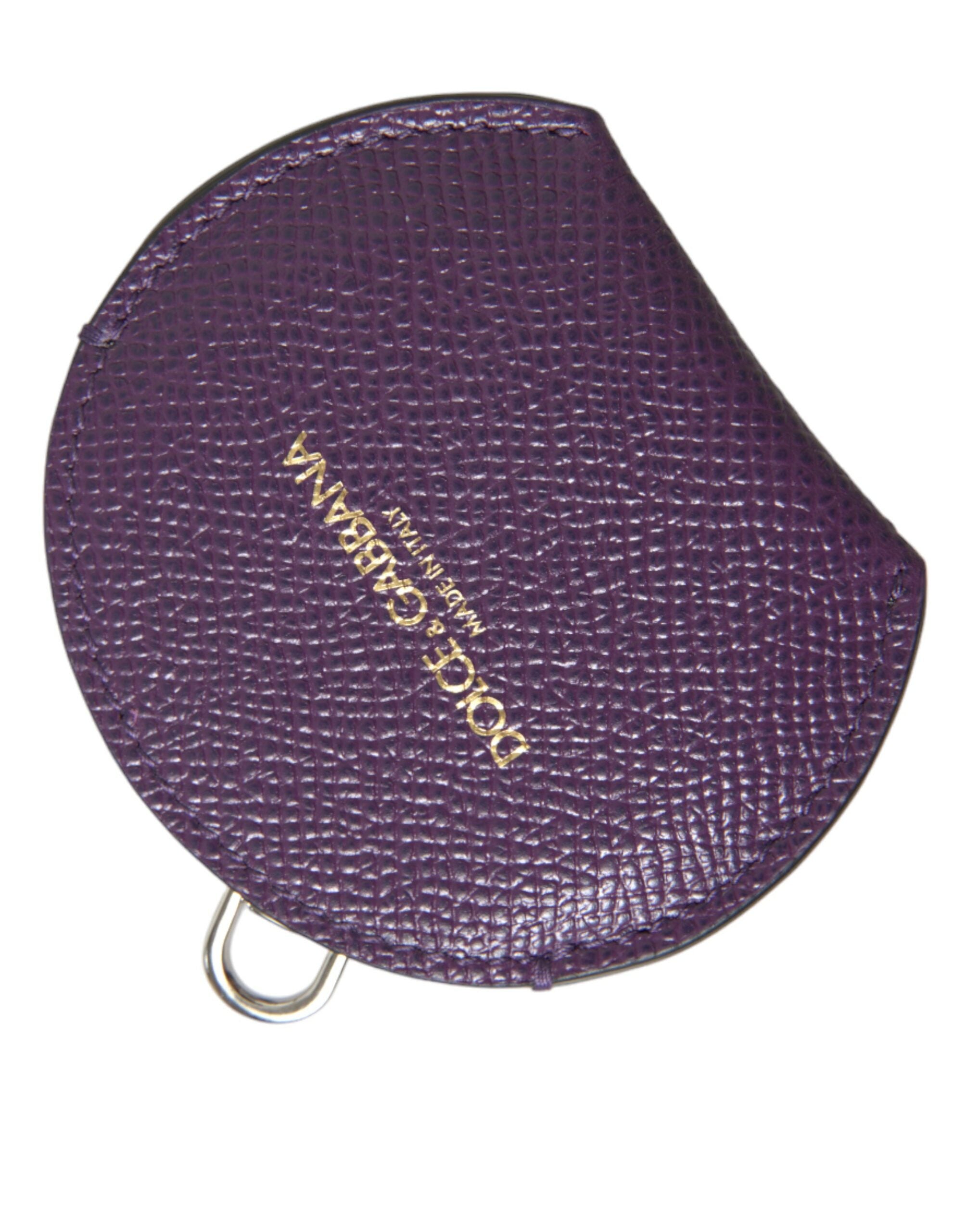 Purple calfskin leather Dolce & Gabbana round logo hand mirror holder with sleek, sophisticated design and embossed logo detail.