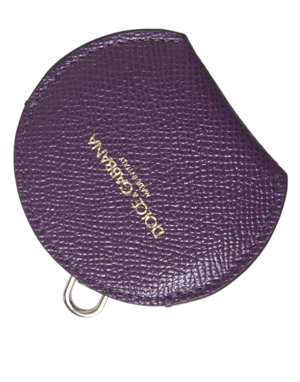 Purple calfskin leather Dolce & Gabbana round logo hand mirror holder with sleek, sophisticated design and embossed logo detail.