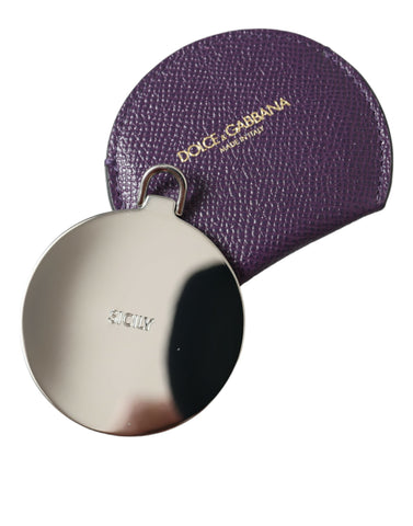 Purple calfskin leather Dolce & Gabbana round logo hand mirror holder with elegant stitching and compact design.