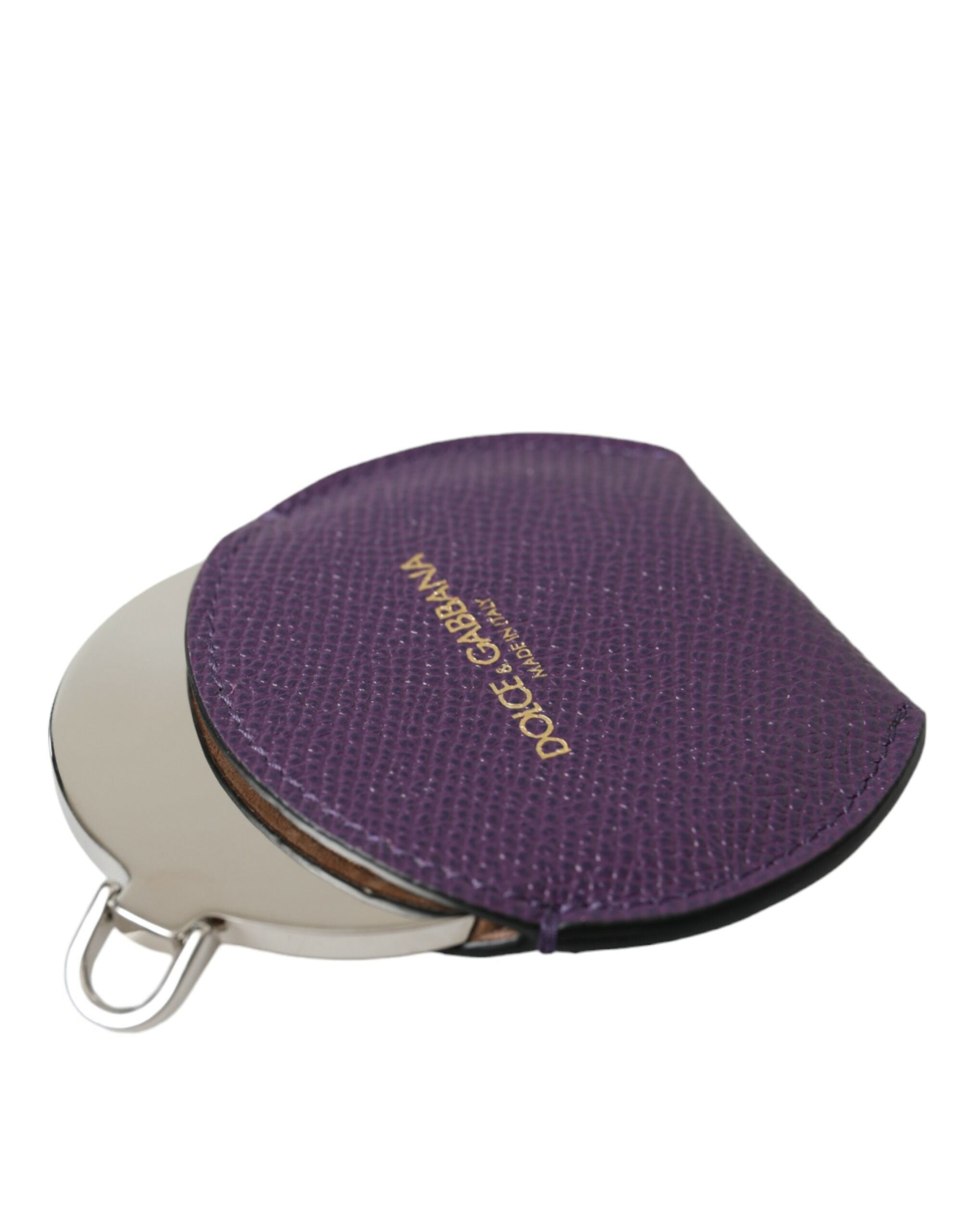Dolce & Gabbana purple calfskin leather round logo hand mirror holder with sleek design and smooth texture.