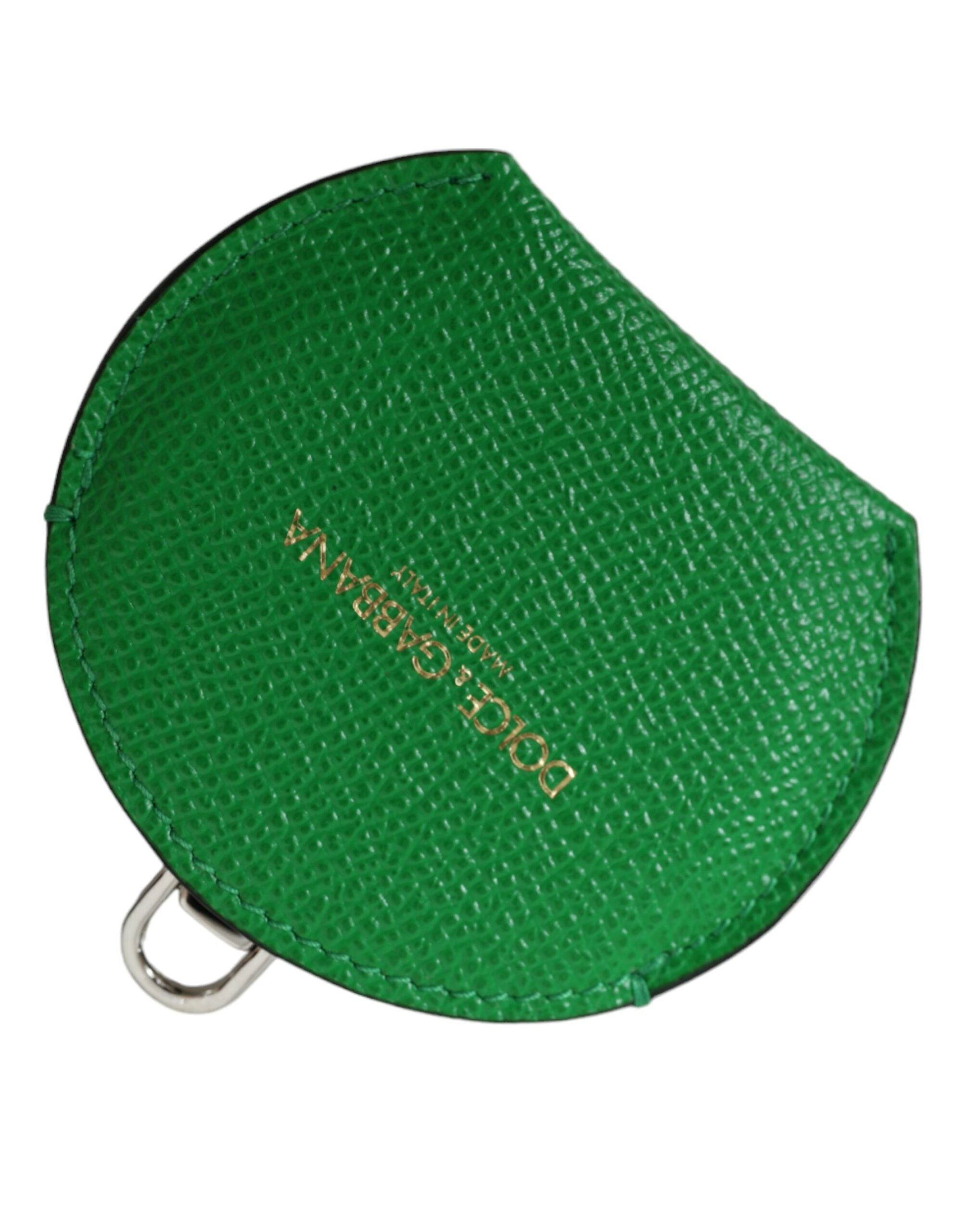 Green calfskin leather Dolce & Gabbana round logo hand mirror holder with embossed branding and smooth finish.