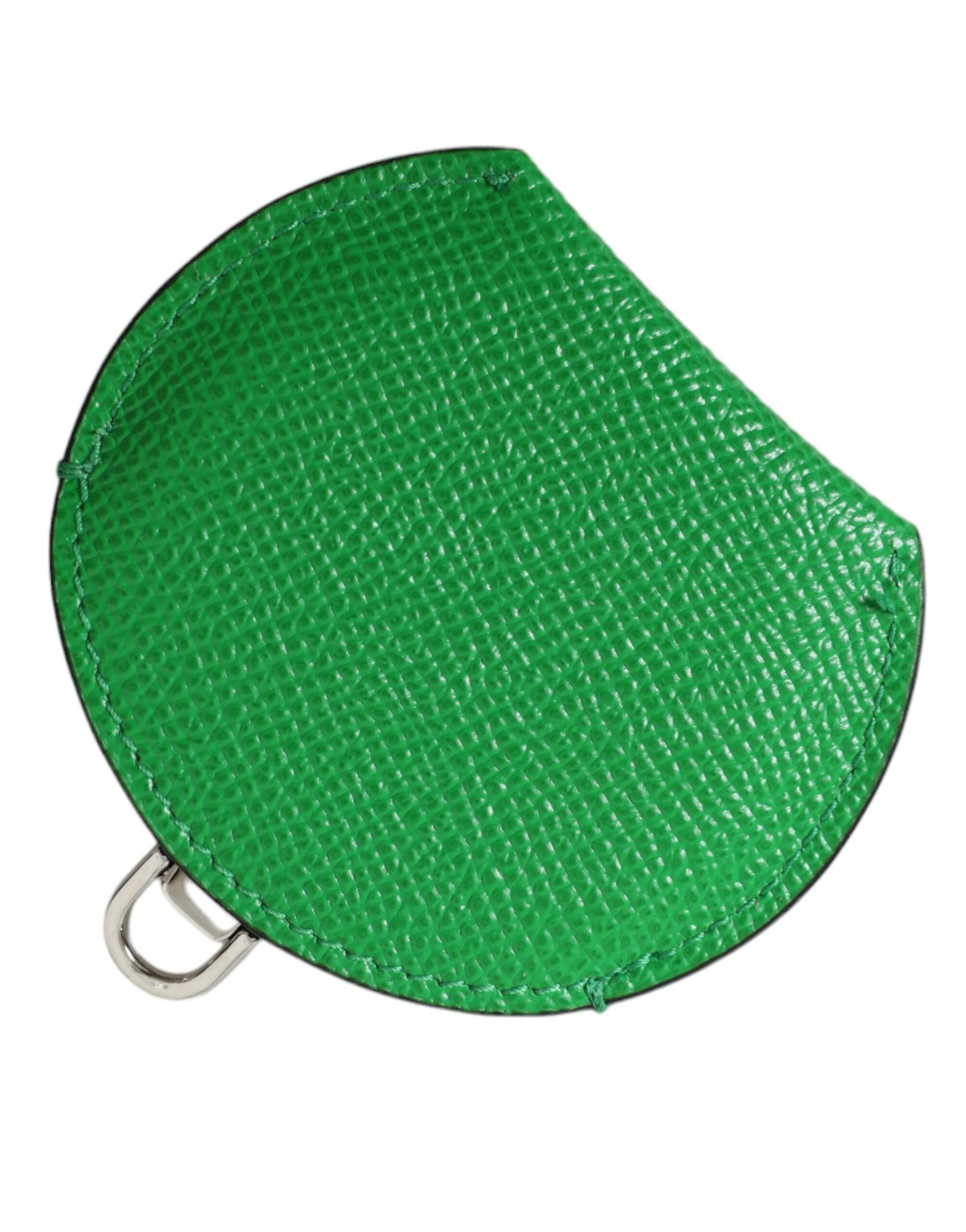 Green calfskin leather round logo hand mirror holder by Dolce & Gabbana, featuring a sleek design and embossed logo detail.