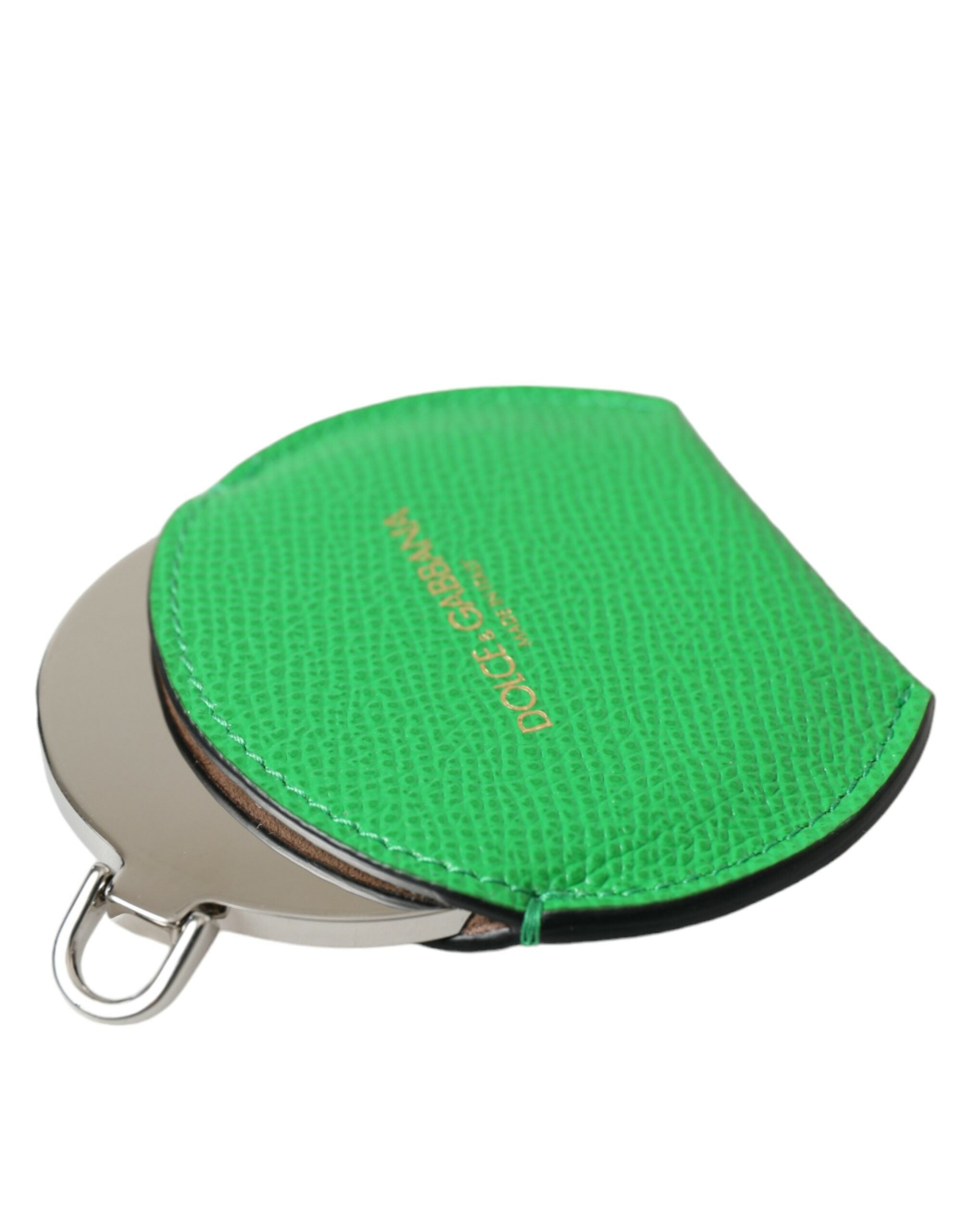 Green calfskin leather Dolce & Gabbana round logo hand mirror holder with polished finish and embossed brand logo.