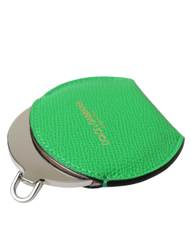 Green calfskin leather Dolce & Gabbana round logo hand mirror holder with polished finish and embossed brand logo.
