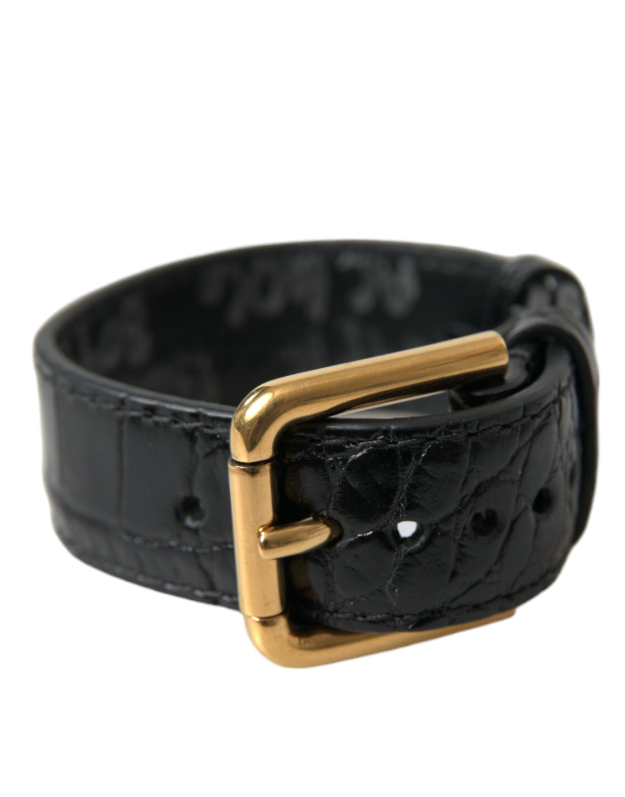Black textured leather armband with gold tone metal buckle, Dolce & Gabbana fashion accessory for stylish wristwear.