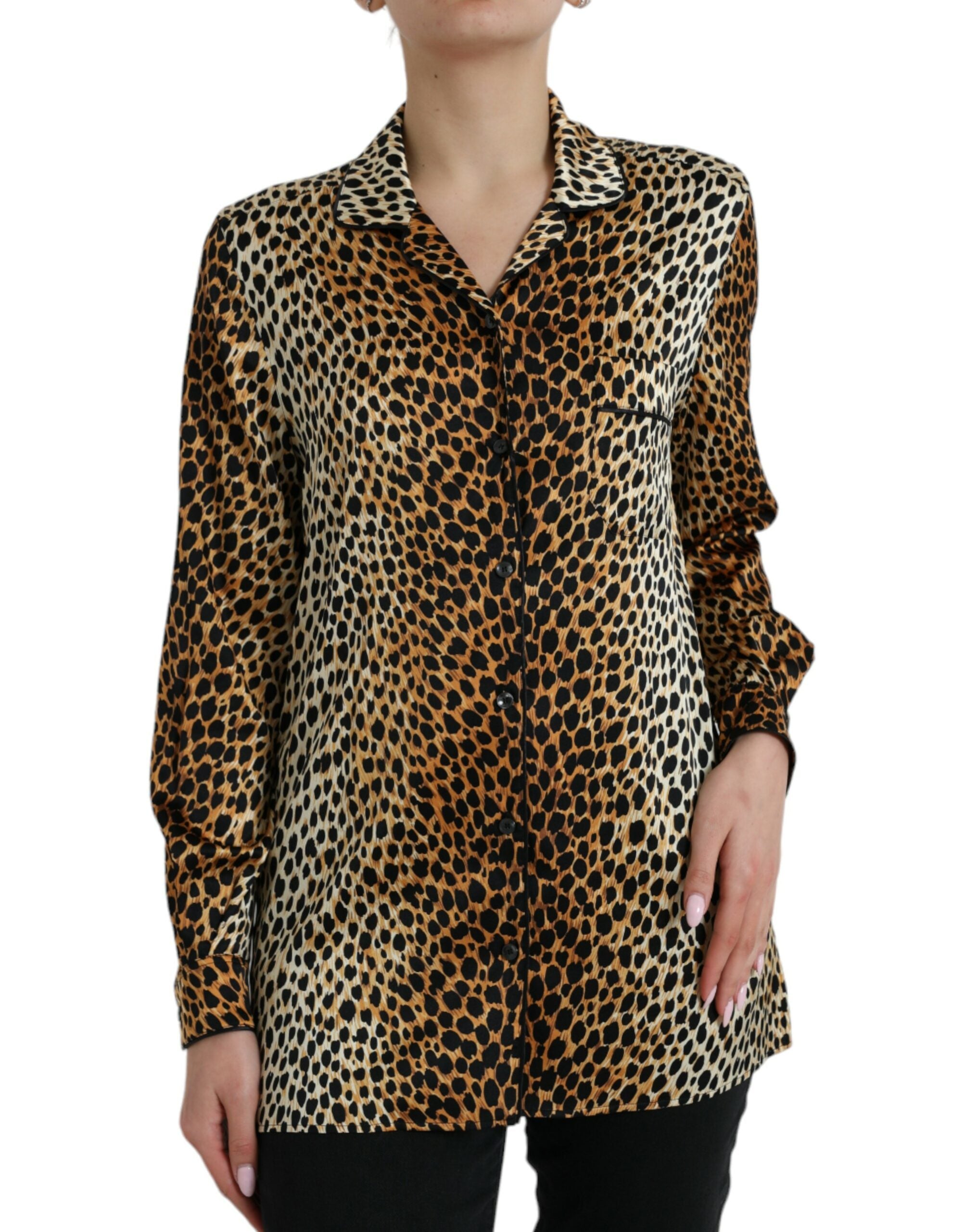 Brown leopard print long sleeve blouse top by Dolce & Gabbana, featuring stylish animal print fabric and a classic fit.