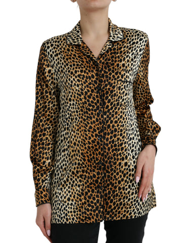 Brown leopard print long sleeve blouse top by Dolce & Gabbana, featuring stylish animal print fabric and a classic fit.