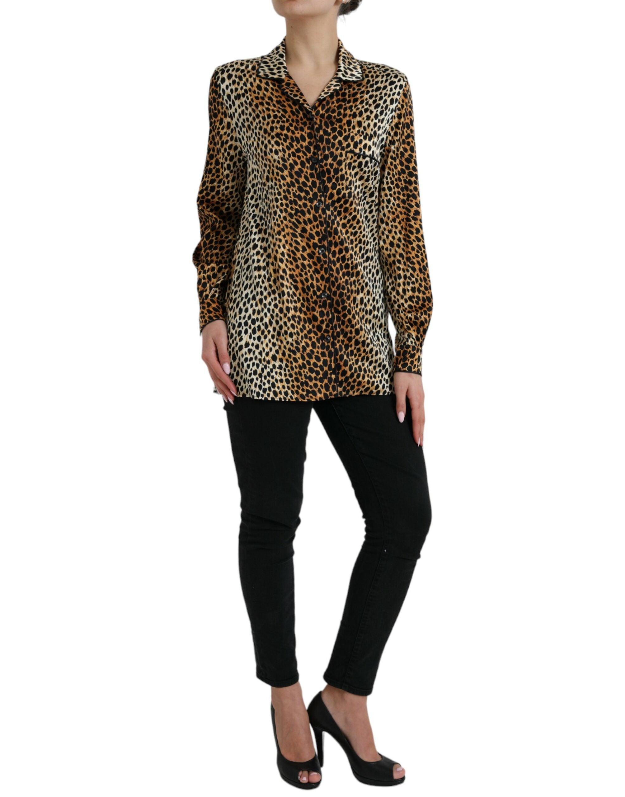 Brown leopard print long sleeves blouse top by Dolce & Gabbana, featuring a stylish animal print design and classic fit.