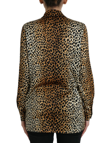 Brown leopard print long sleeve blouse top by Dolce & Gabbana with a classic fit and stylish pattern.