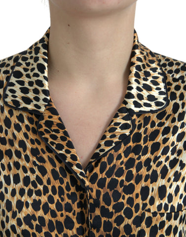 Brown leopard print long sleeve blouse top by Dolce & Gabbana, featuring a stylish animal print design and classic fit.