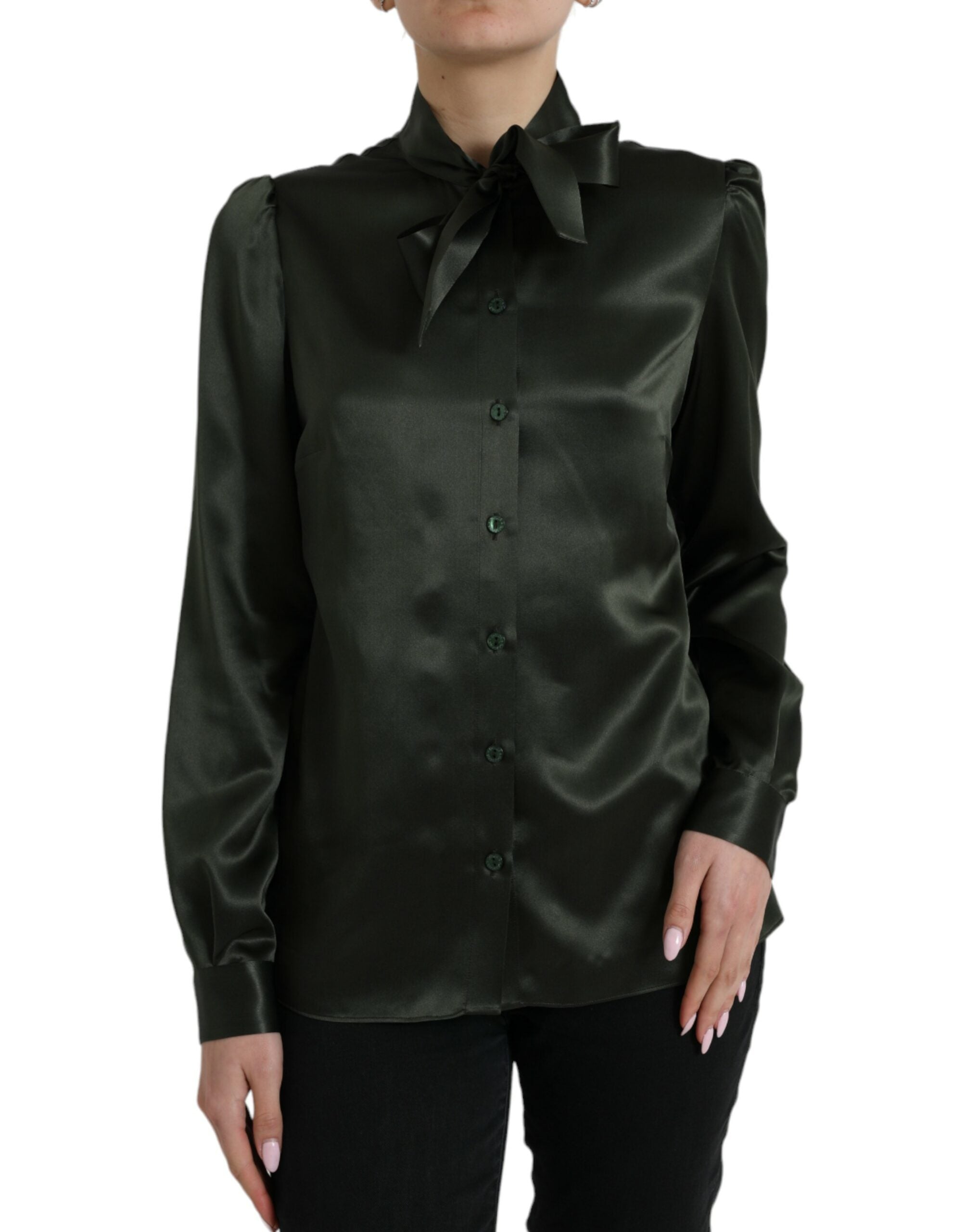 Gray long-sleeve blouse with ascot collar from Dolce & Gabbana, featuring a stylish, elegant design.